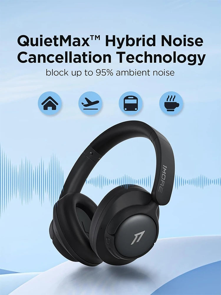 Black headphones with QuietMax hybrid noise cancellation technology on a light blue background