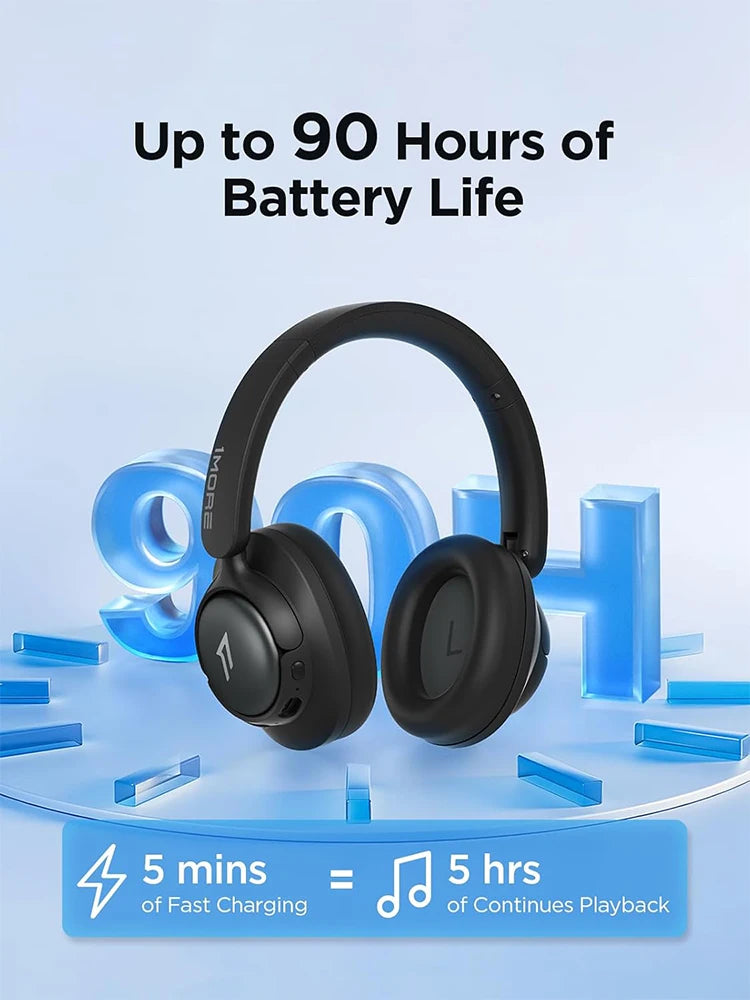 Black headphones with battery life text on a blue background