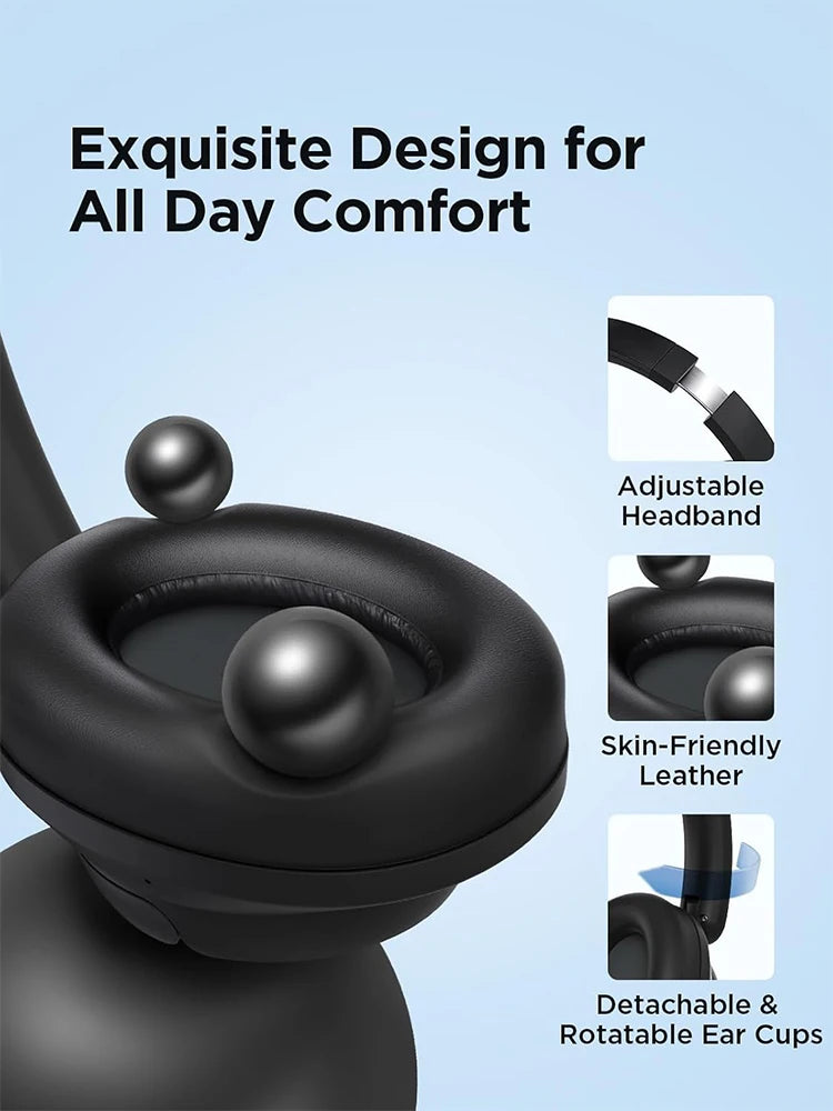 Black headphones with adjustable headband, skin-friendly leather, and detachable ear cups on a light blue background.