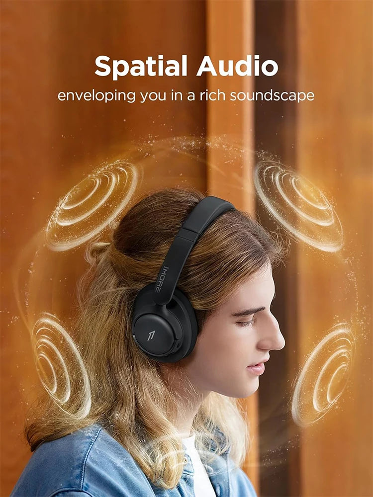 Person wearing headphones with spatial audio effects on a warm-toned background