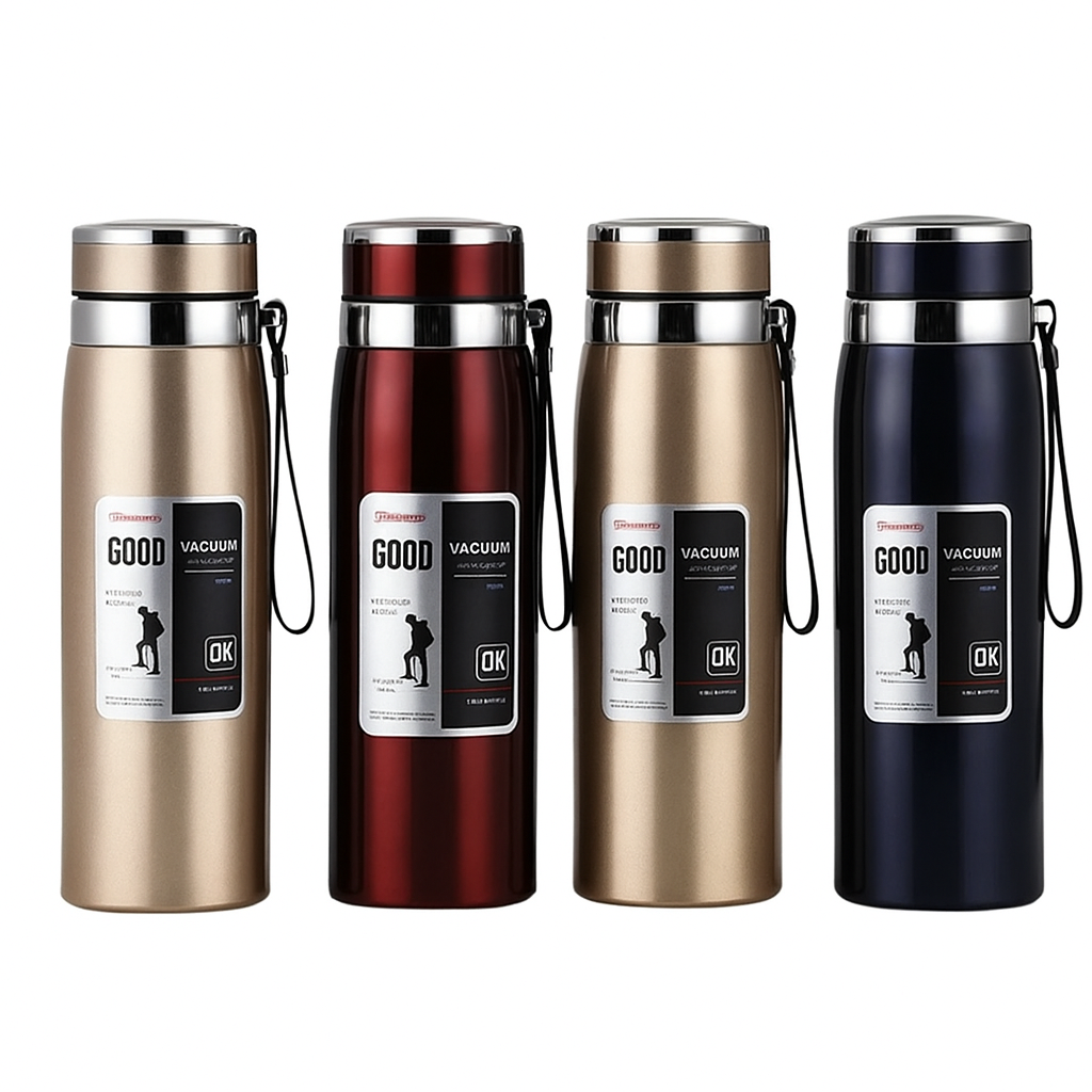 Four vacuum insulated bottles in different colors on a white background