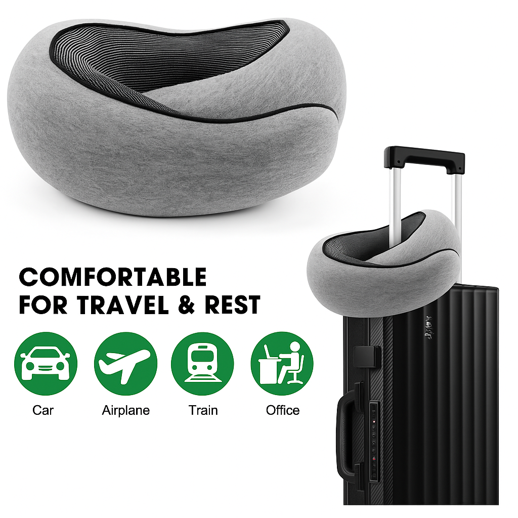 Gray travel neck pillow with suitcase on a white background, labeled for travel and rest.