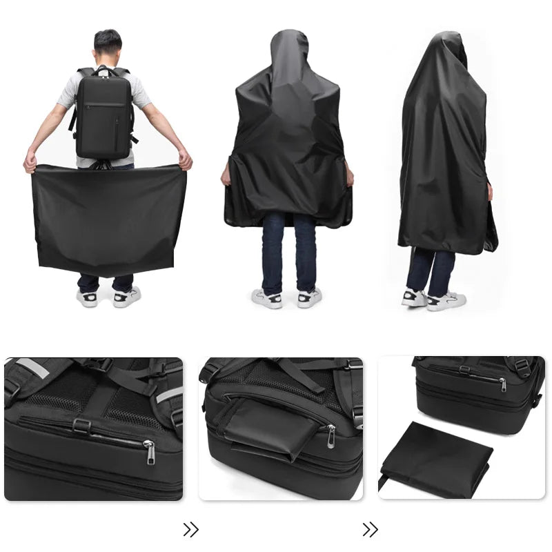Black travel bag and poncho set with multiple views on a white background