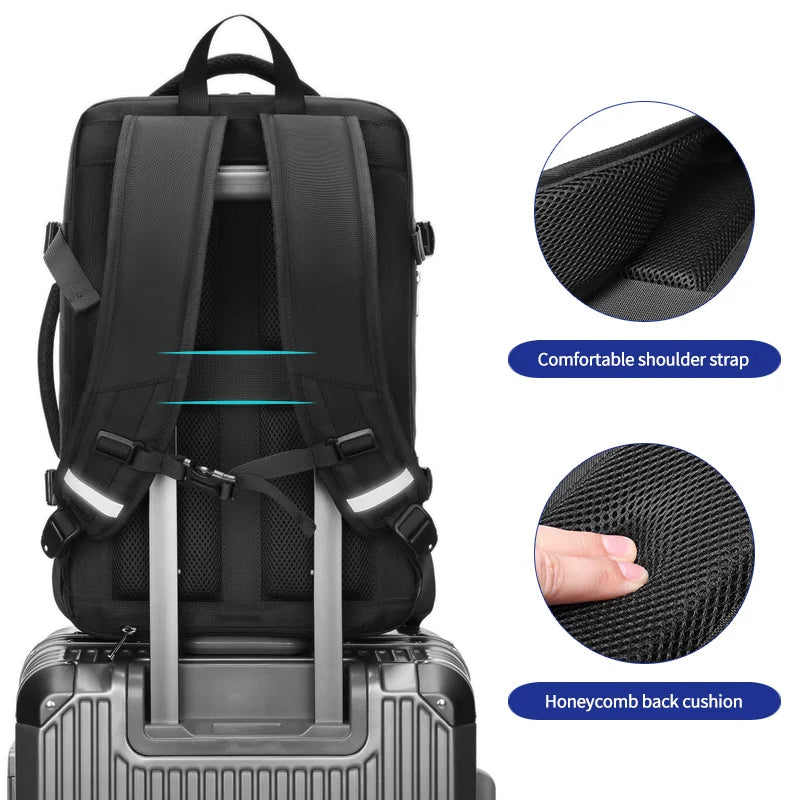 Black backpack with comfortable shoulder strap and honeycomb back cushion on a white background
