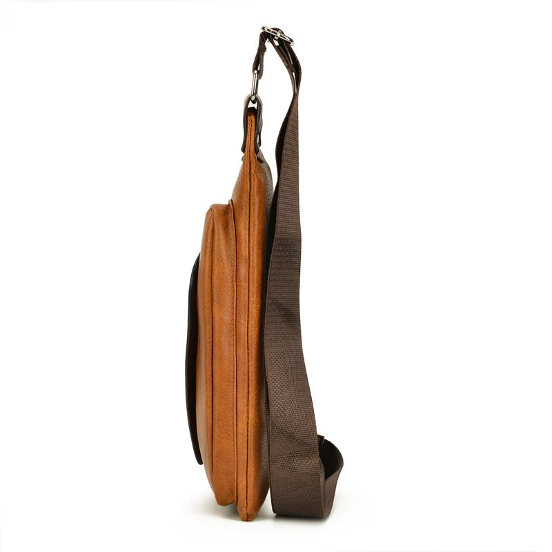 Brown leather sling bag with a strap on a white background