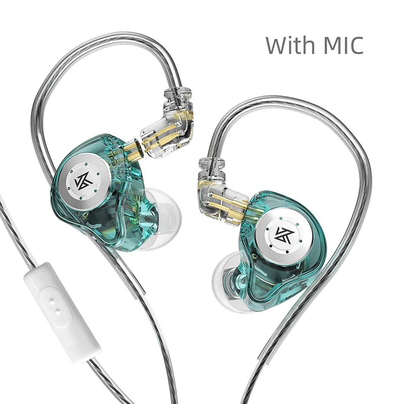 Teal earbuds with microphone on a white background