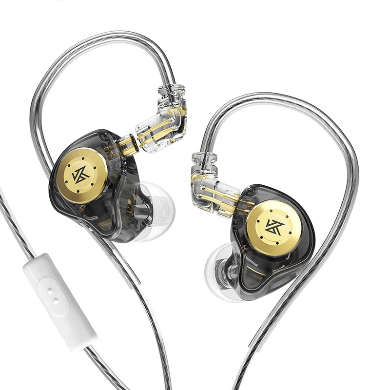 In-ear headphones with gold and black design on a white background