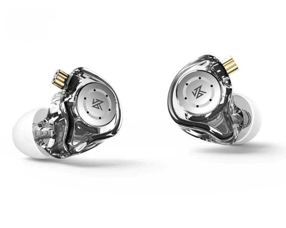 Pair of high-end earbuds on a white background