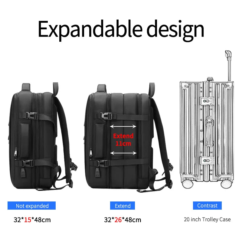 Expandable black backpack with measurement details and a comparison to a 20-inch trolley case.