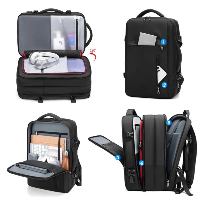 Black backpack with various compartments and items on a white background