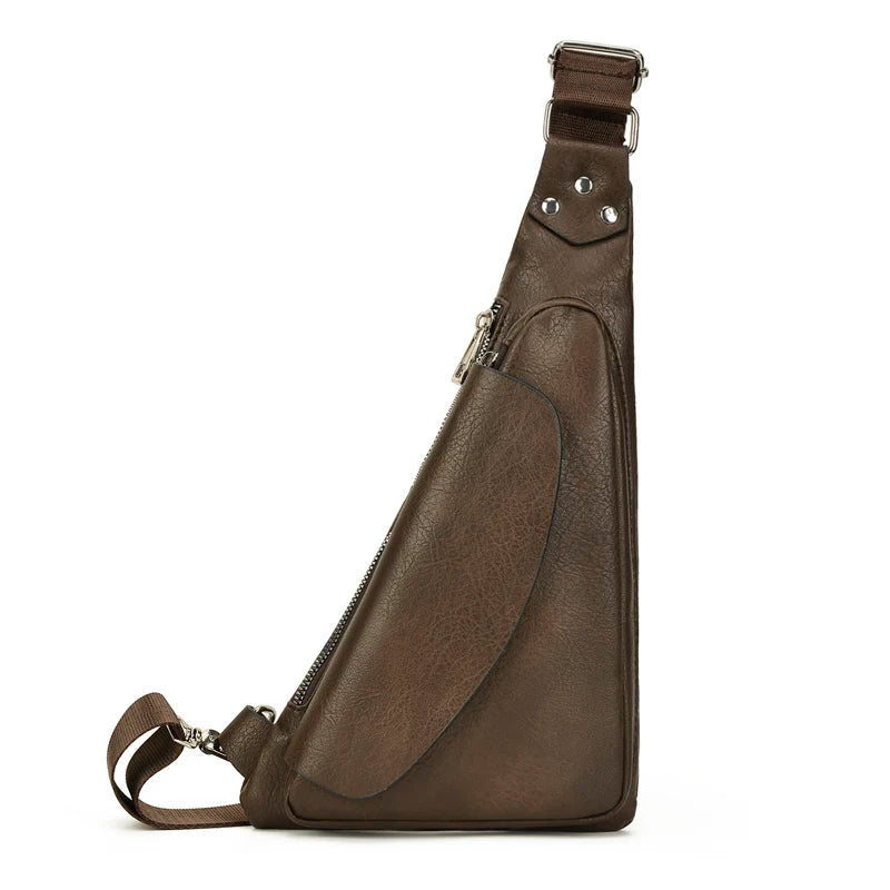 Brown leather sling bag on a white background