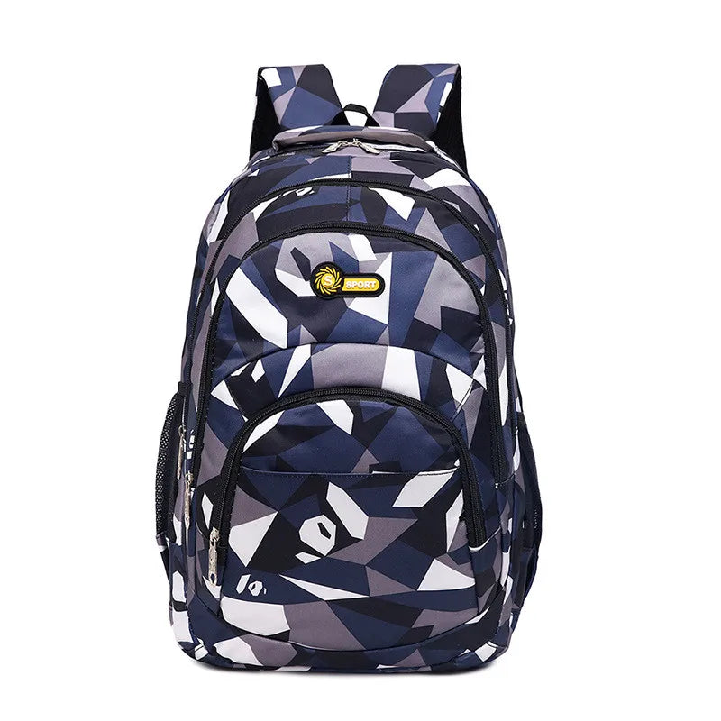 Geometric patterned backpack on a white background