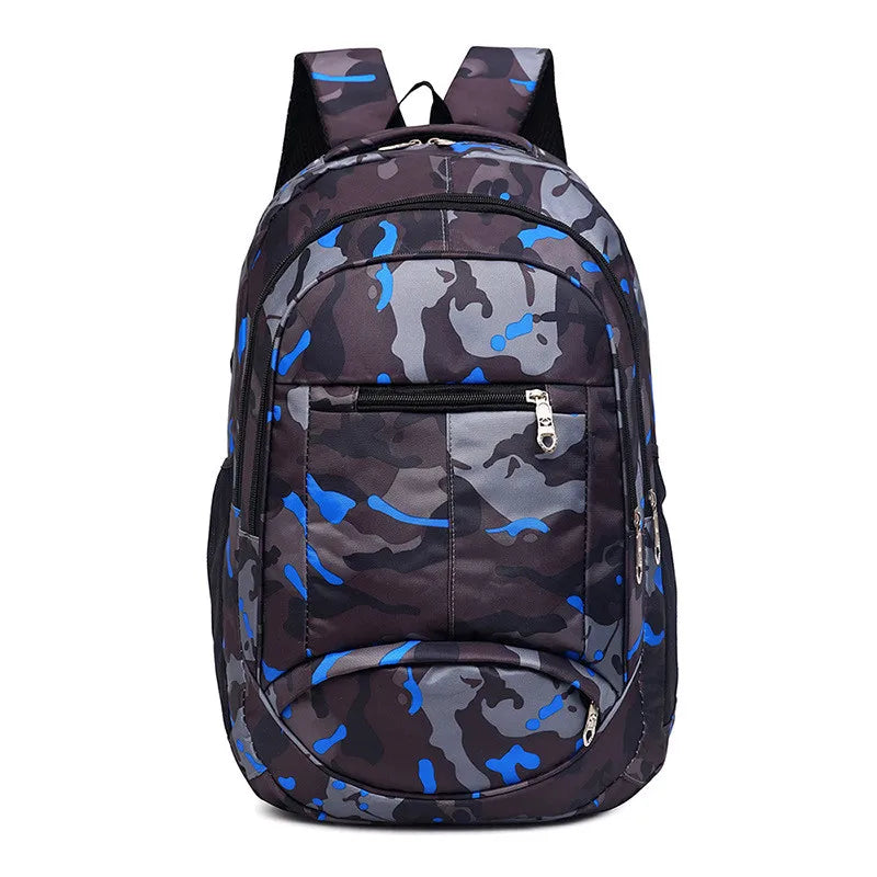 Camouflage-patterned backpack with blue accents on a white background