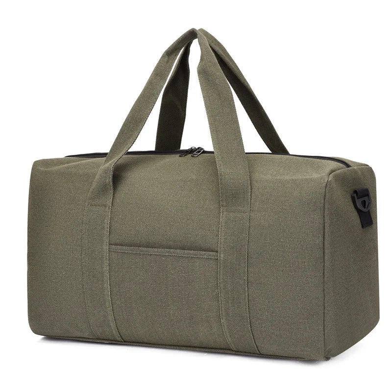 Green duffel bag with handles on a white background