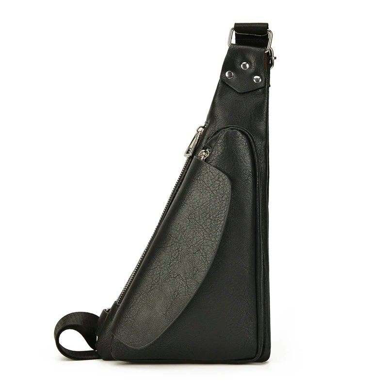 Black leather crossbody bag on a white background
