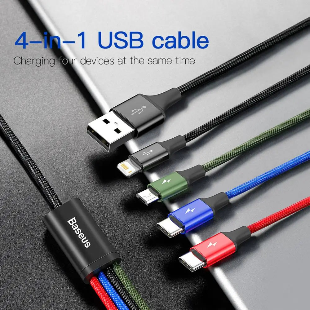 4-in-1 USB cable with multiple charging ports on a gray background