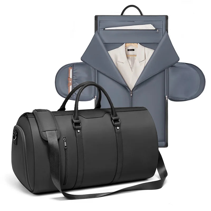 Black duffel bag and gray backpack with jacket on a white background