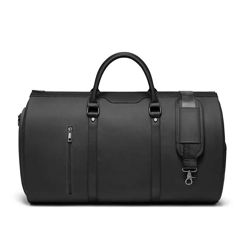 Black duffel bag with a strap on a white background
