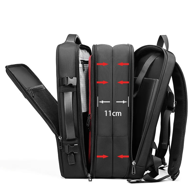 Black backpack with measurements indicated on a white background