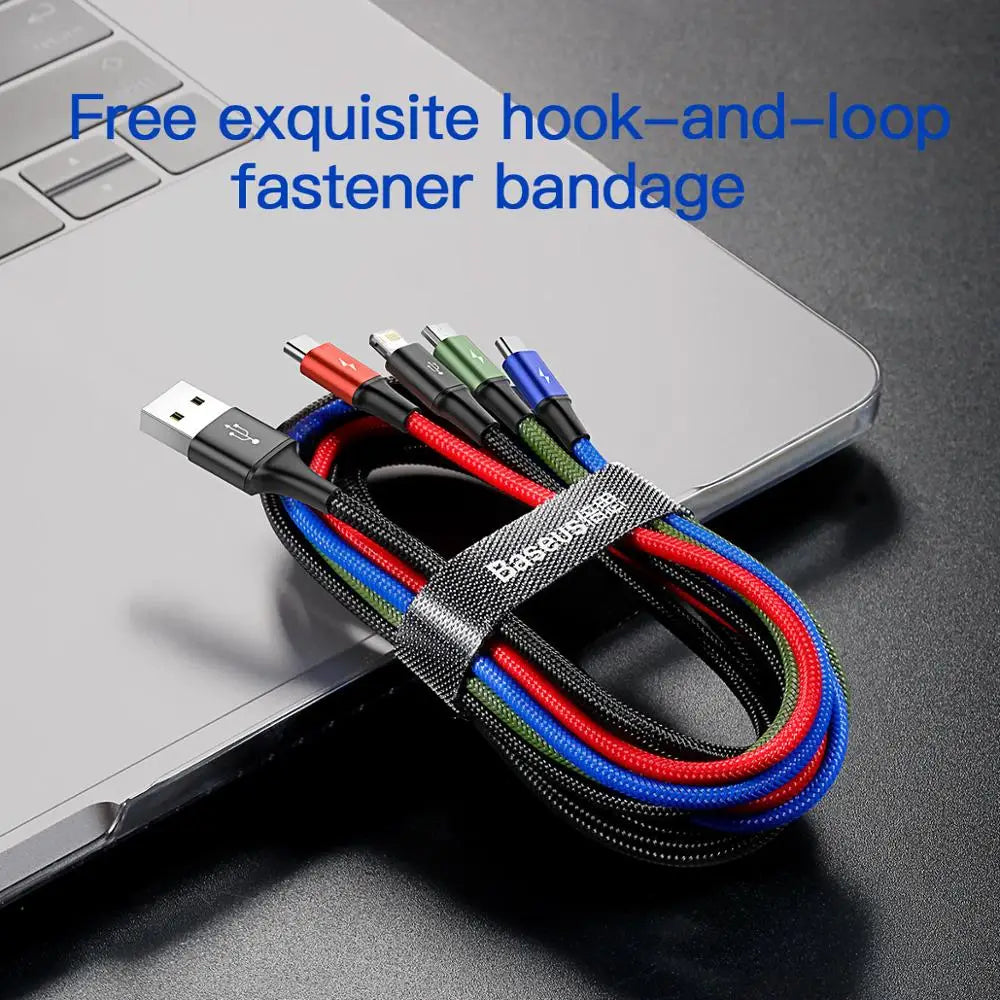 USB cable with colorful braided design on a laptop, featuring a hook-and-loop fastener band.