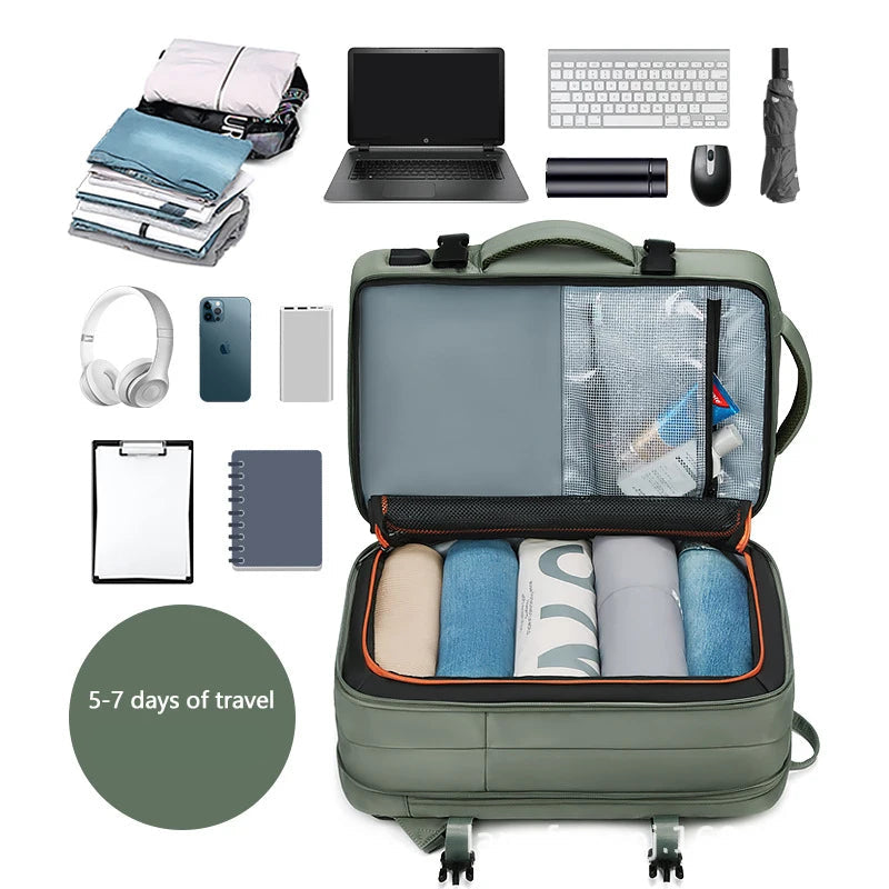 Green travel backpack with organized compartments filled with travel items on a white background