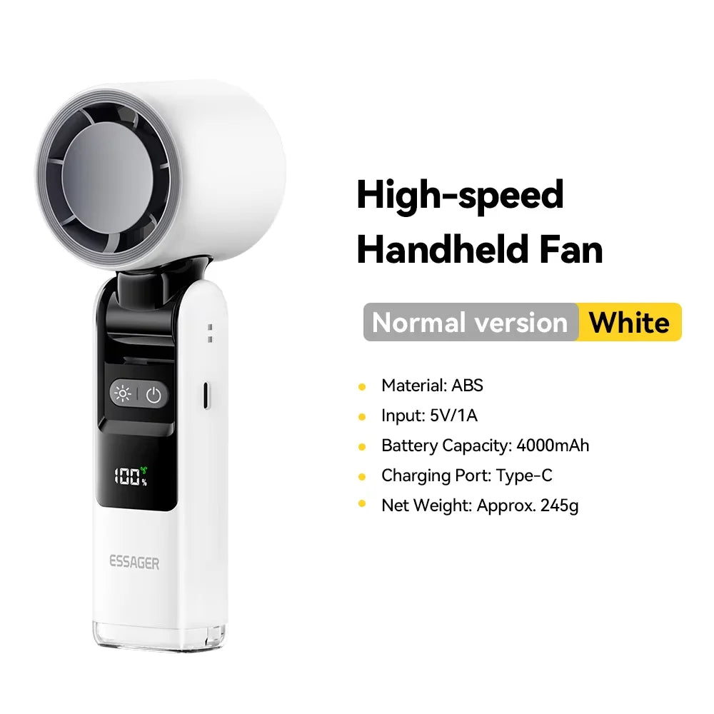 White high-speed handheld fan with specifications on a white background