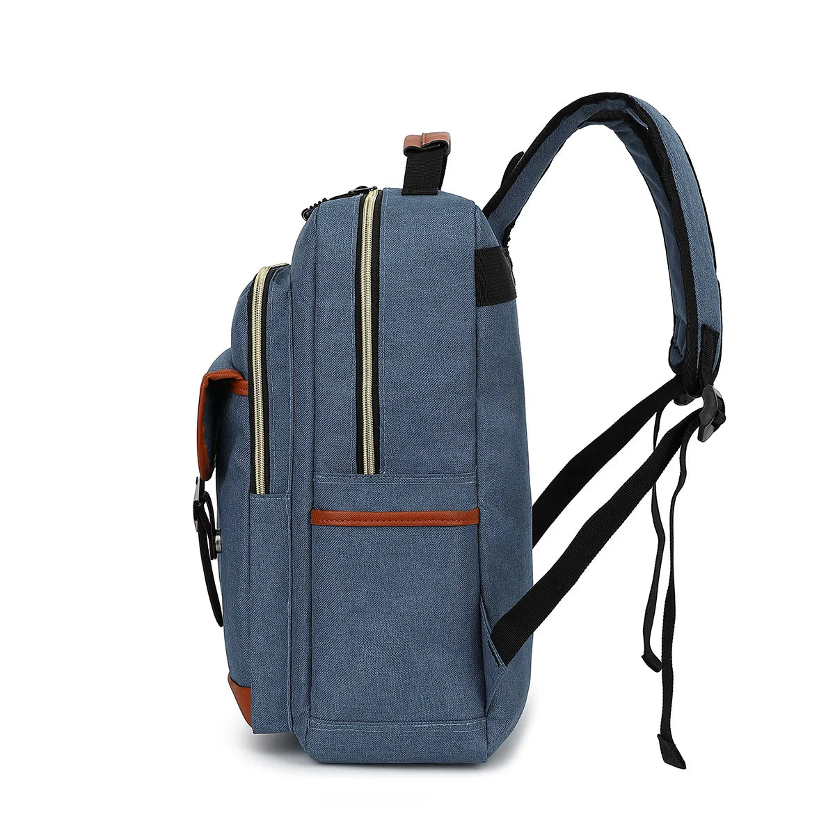 Blue backpack with brown accents on a white background