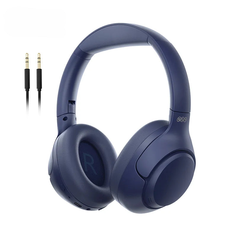 Blue headphones with QCY logo and audio cable on a white background