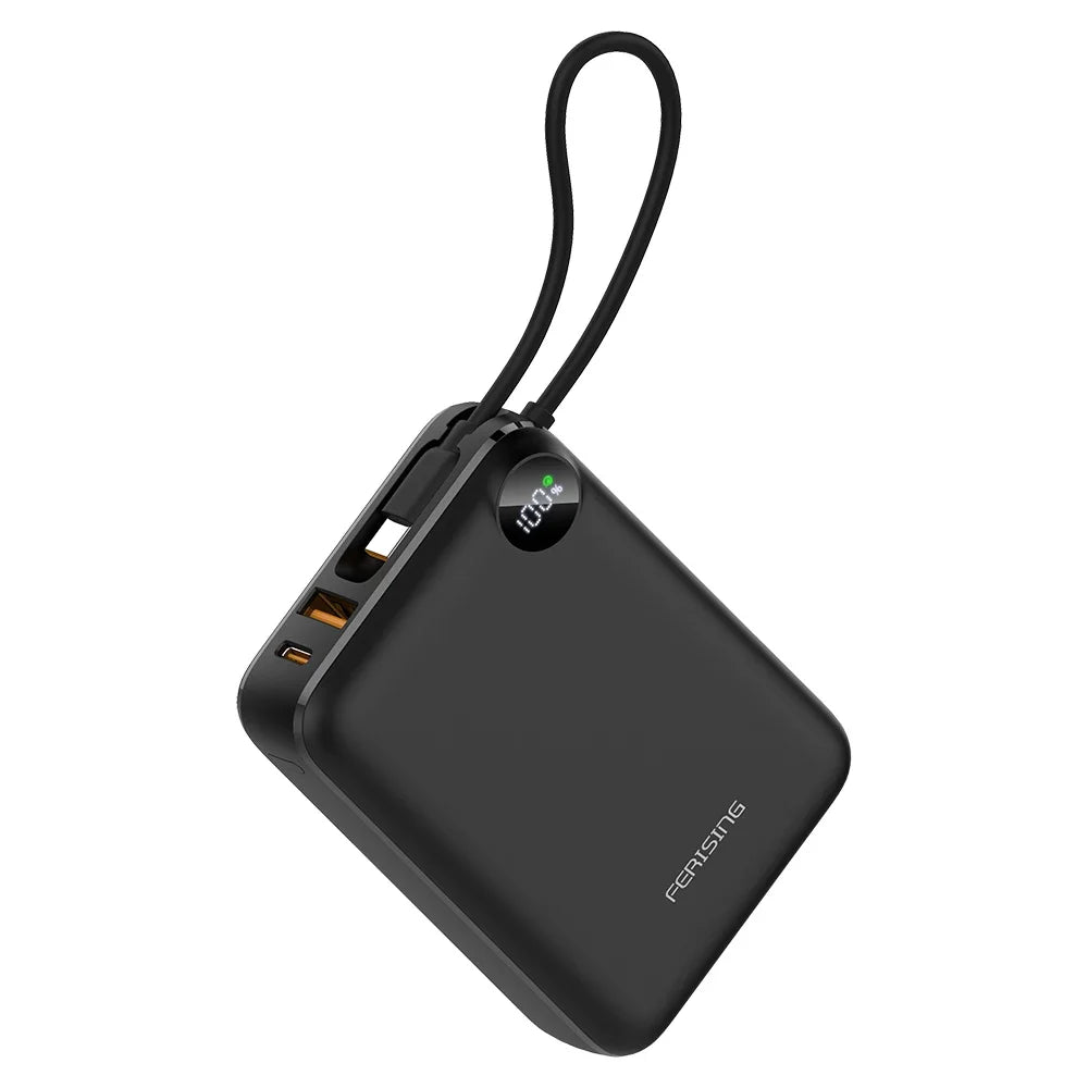 Black portable charger with a strap on a white background