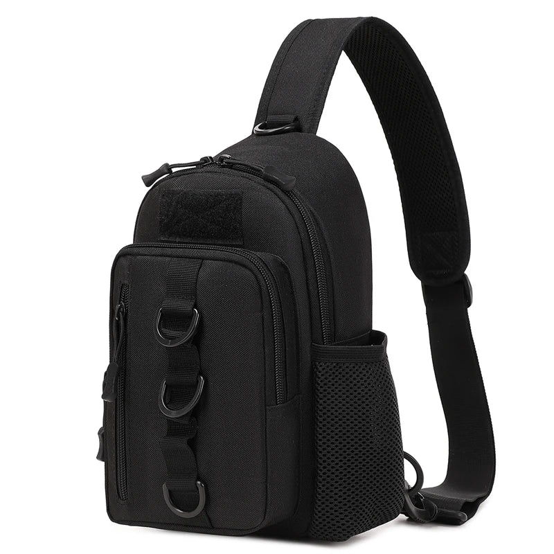 Black sling bag with multiple pockets and straps on a white background