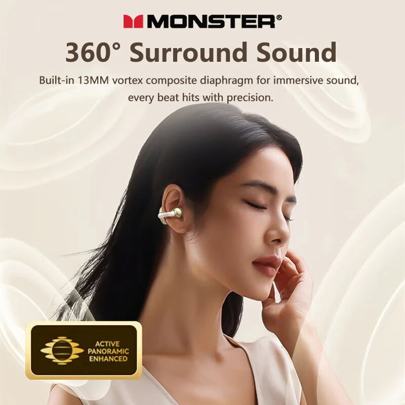 Woman wearing earbuds with Monster branding and text about 360° Surround Sound on a beige background.