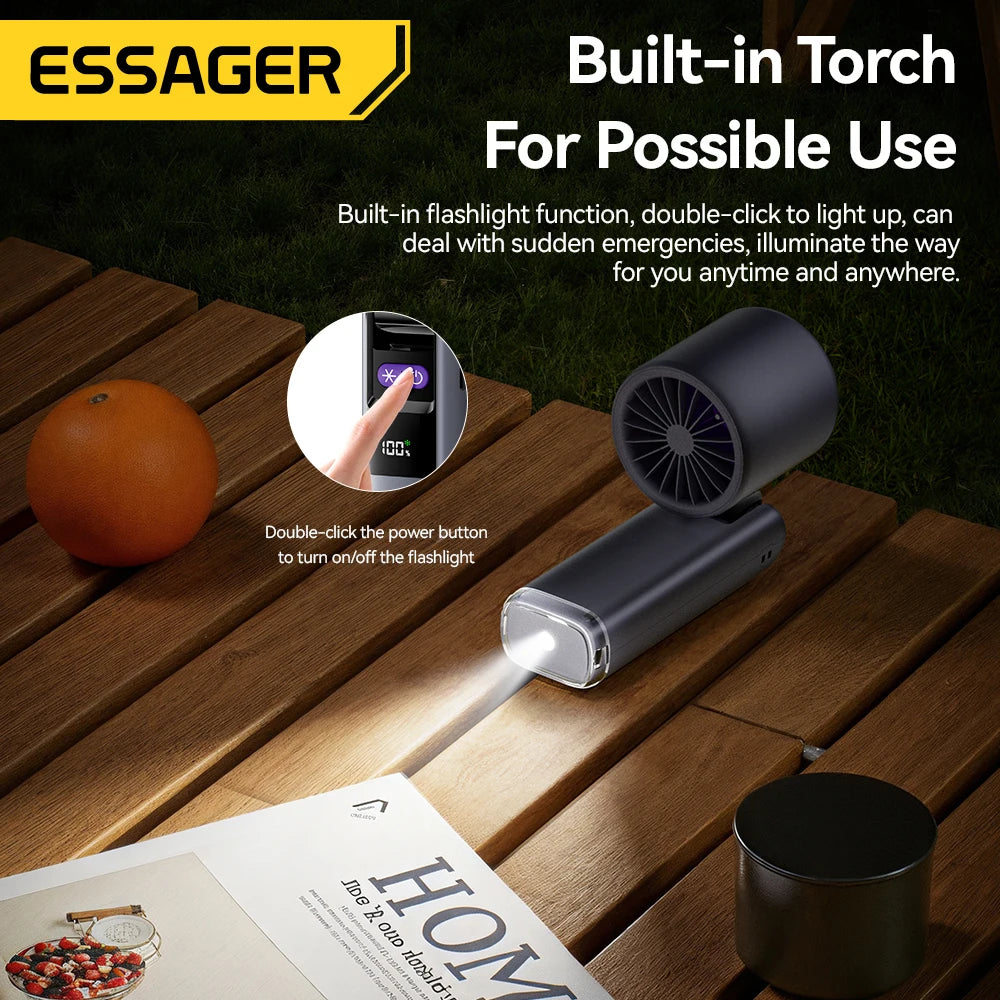 Essager built-in torch on a wooden surface with an orange and magazine