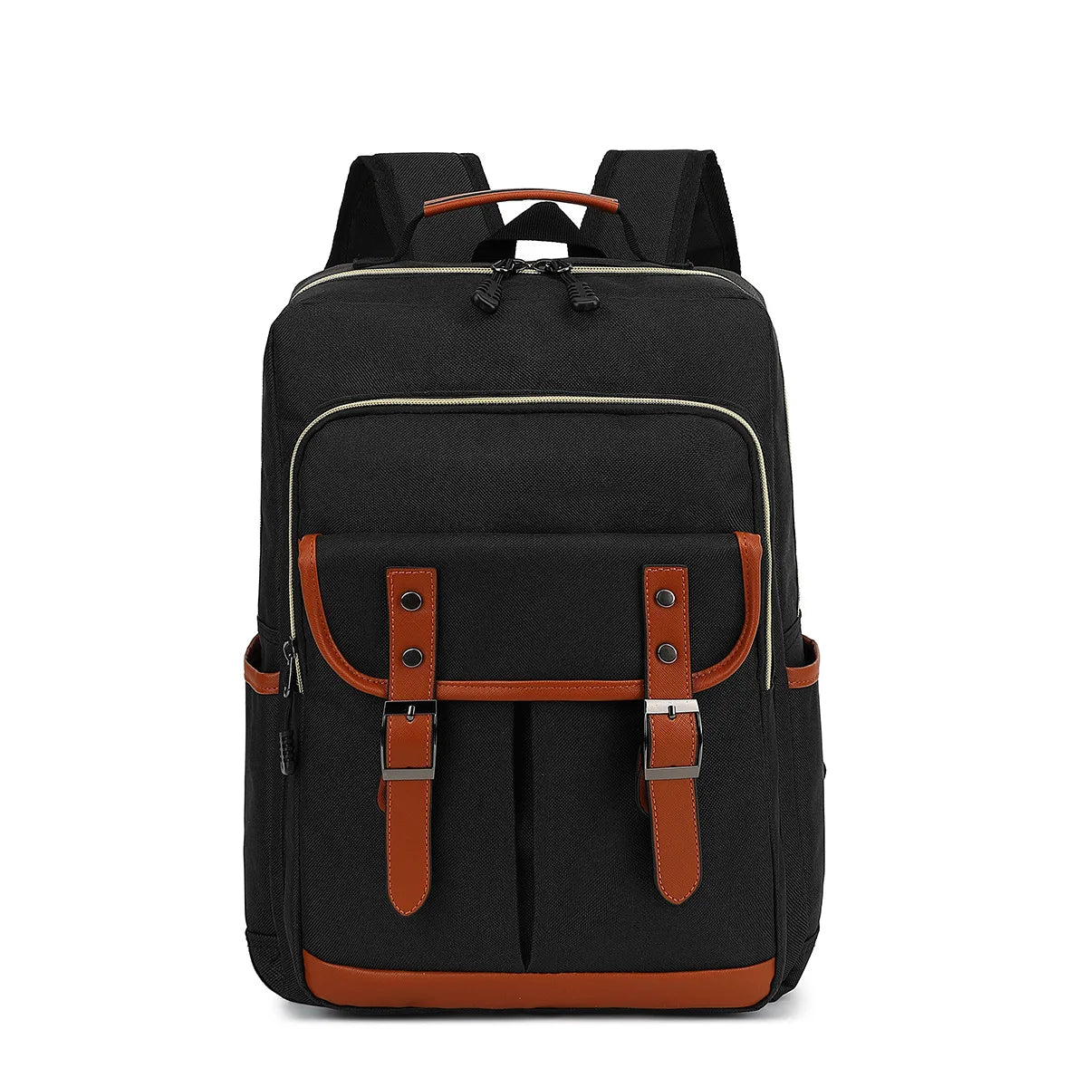 Black backpack with brown leather straps on a white background