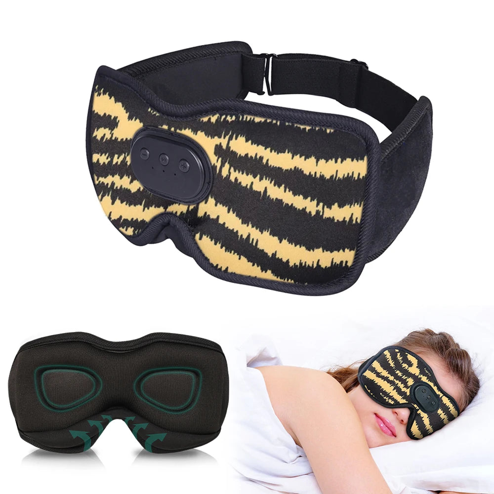Sleep mask with zebra pattern and black strap, shown on a white background.
