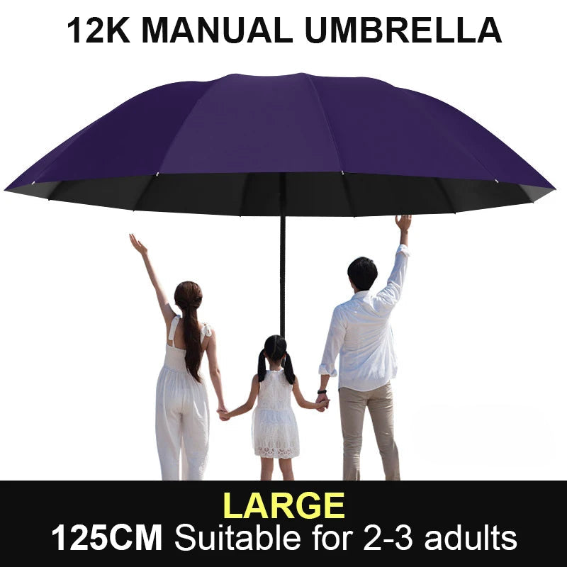 Purple umbrella held by two adults and a child on a white background