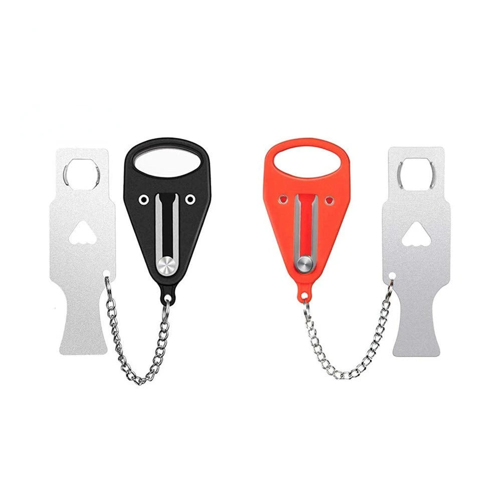 Four bottle openers with chains on a white background