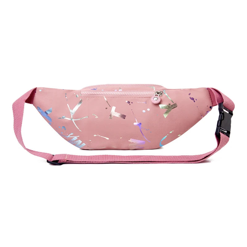 Pink waist bag with floral pattern on a white background