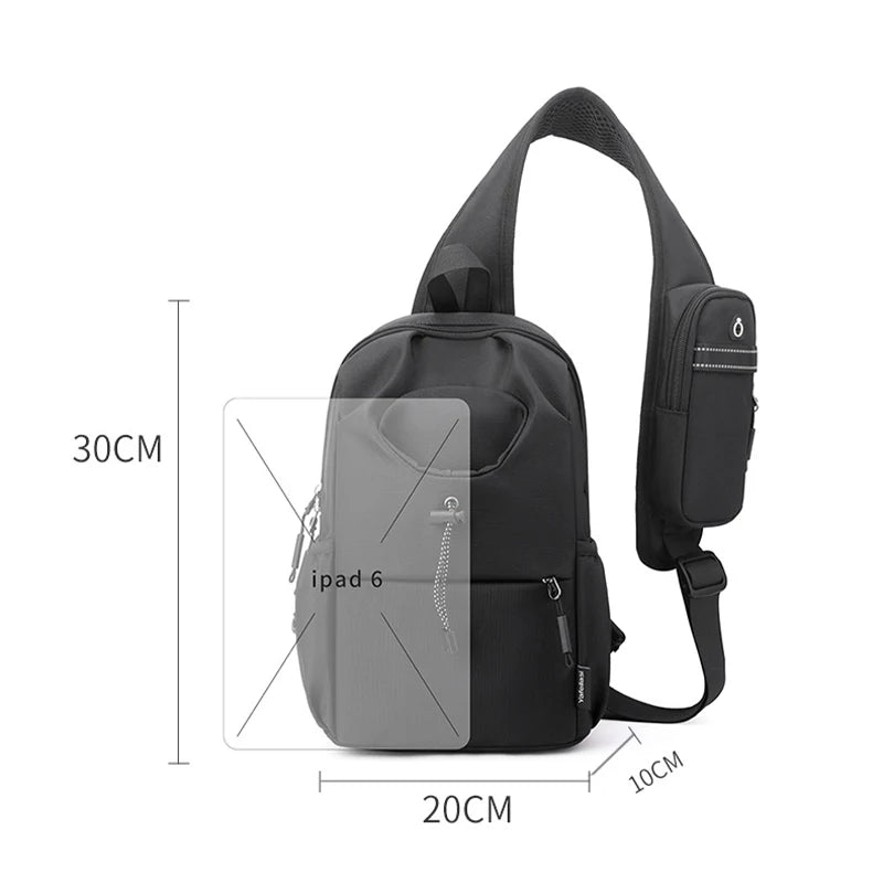 Black and gray sling bag with measurements on a white background
