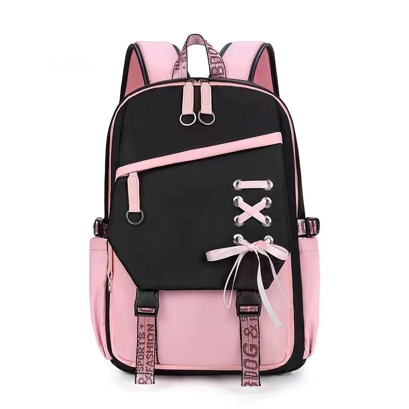 Pink and black backpack with lace-up design on a white background
