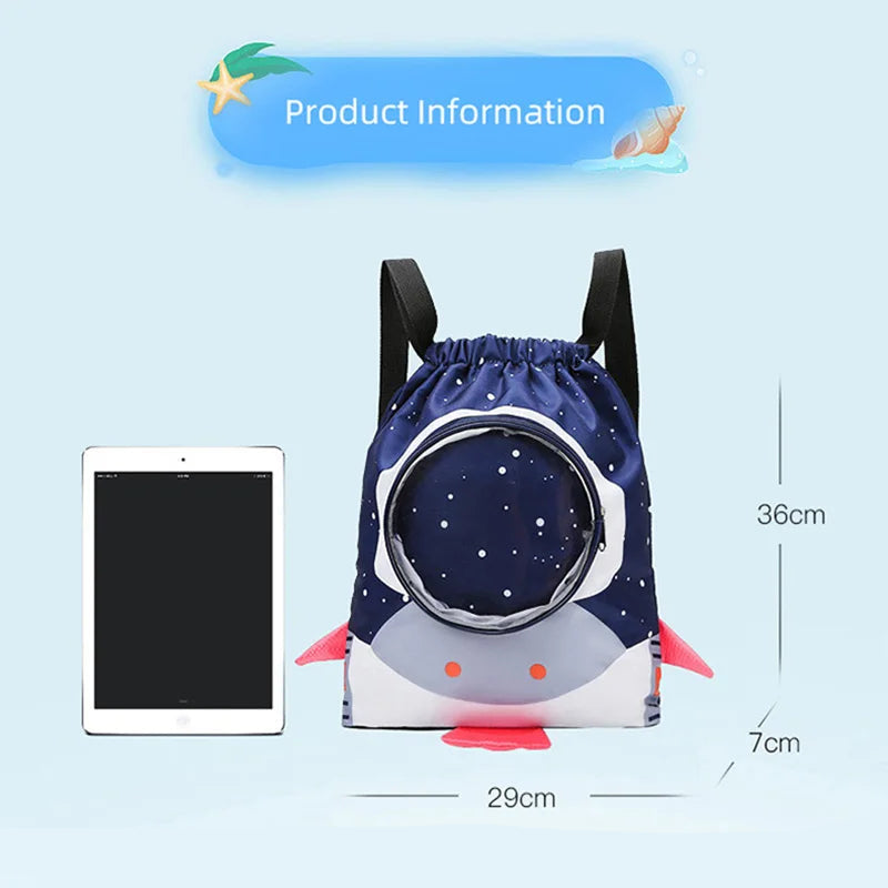 Children's backpack with astronaut design next to a tablet for size comparison on a light blue background.
