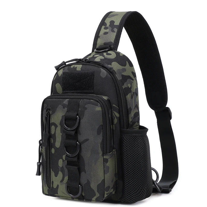 Camouflage sling bag with multiple pockets on a white background