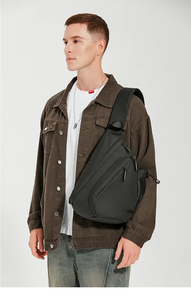 Man wearing a brown jacket with a black backpack on a white background