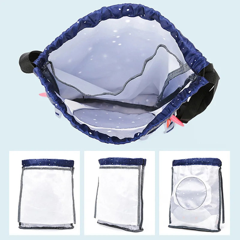Clear drawstring bag with blue top and black straps on a light blue background