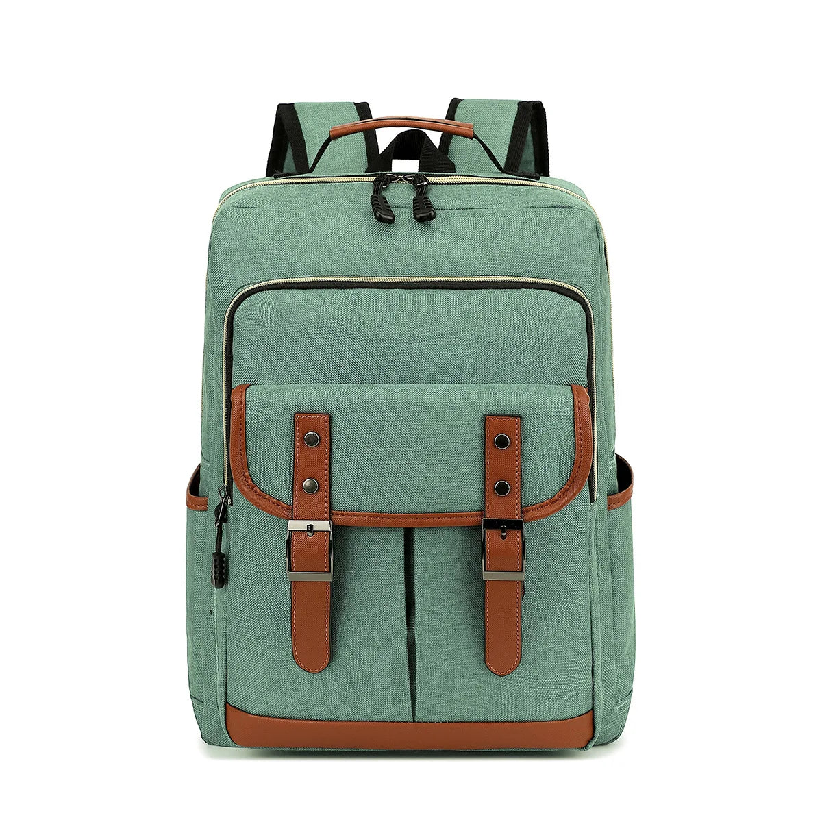 Green backpack with brown accents on a white background