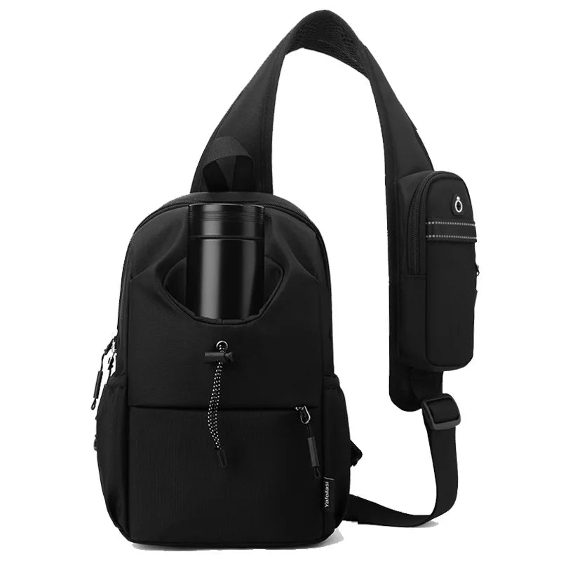 Black sling bag with a water bottle holder on a white background