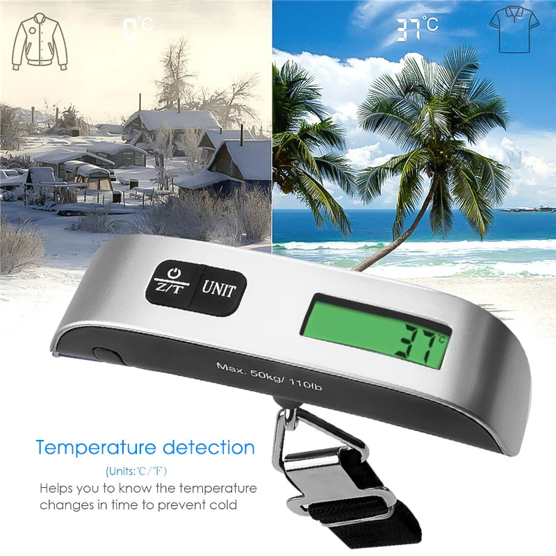 Temperature detection device with winter and beach scenes on a white background