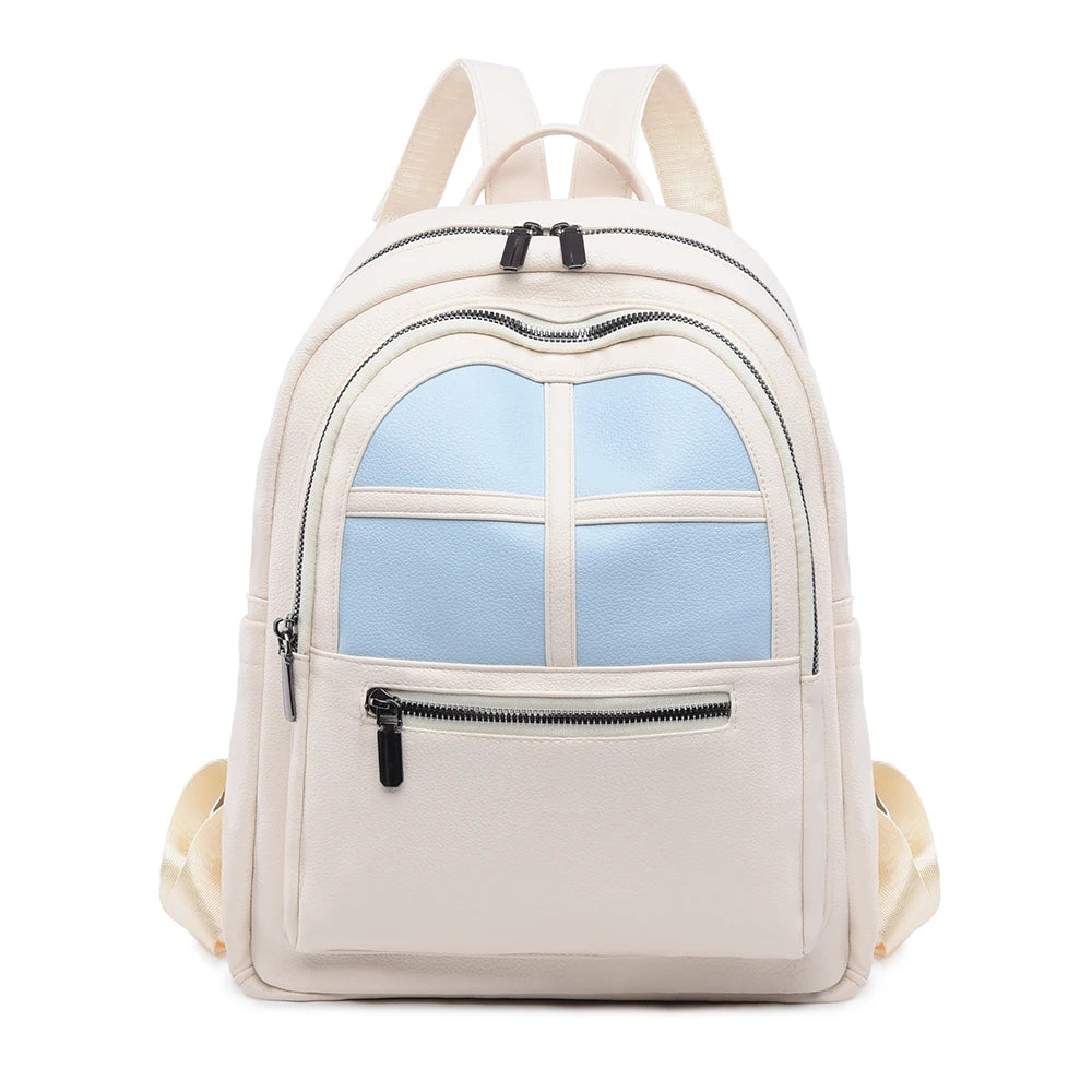 Beige backpack with a blue window design on a white background