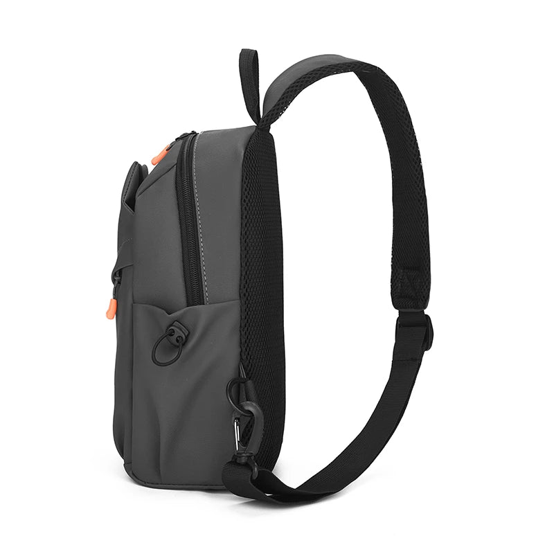 Gray backpack with a black strap on a white background