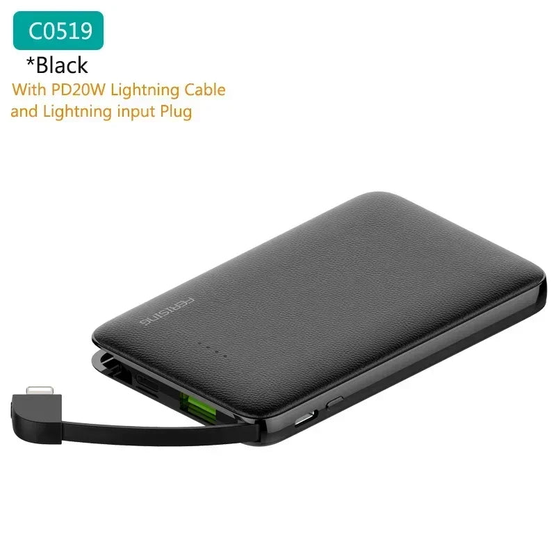 Black power bank with lightning cable on a white background