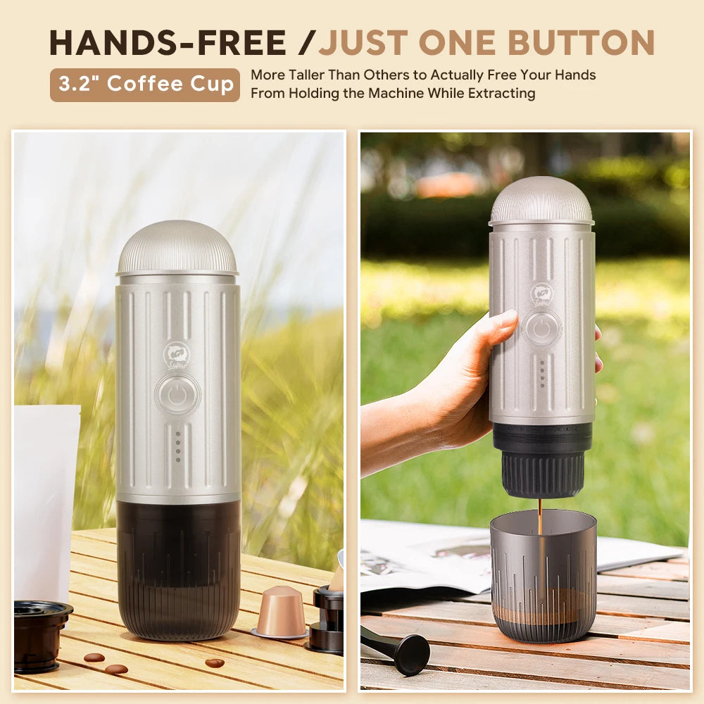 Portable coffee maker with a hand holding it outdoors, featuring text about hands-free operation.